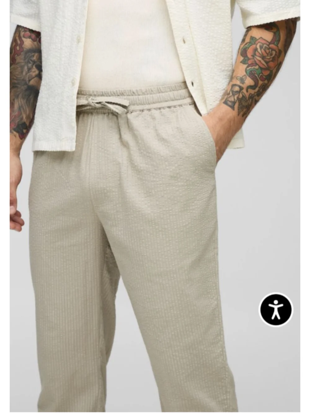 Men's boohooMAN Slim Fit Seersucker Trousers M Light Grey